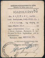 1945 Gestapo-Fogházviseltek Köre igazolványa, zsidó származású személy részére.