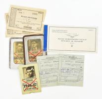 1943-1948 BSzKRt 2 db fém igazolványtokja, benne bérletekkel, valamint 1 plusz bérlet. + cca 1950-1970 Valamint 2 db MÁVAUT és 2 db MASZOVLET jegy, valamint egy MALÉV poggyásztúlsúly-jegy