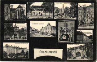 1910 Gyulafehérvár, Karlsburg, Alba Iulia;Cs. és kir. gyalogsági laktanya, Custozza szobor, Lozenau emlékmű, Károly-kapu a várban, K.u.K. katonák, Törvényszék, Újkapu, Tiszti pavilon, Tüzérlaktanya. Petri F. V. kiadása / K.u.K. military infantry and artillery barracks, monuments, castle gates, K.u.K. soldiers, court, officers&#039; pavilion (EK)