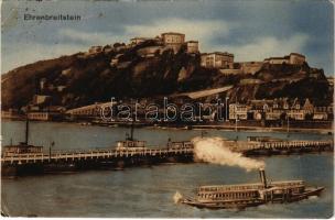 1913 Koblenz, Ehrenbreitstein / castle, pontoon bridge, steamship (small tear)