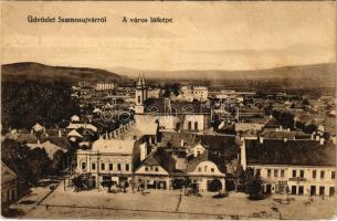 1915 Szamosújvár, Gherla; város látképe, építkezés, Sahin Kristóf, Frank Izsák, Herskovits Izidor üzlete, Korona szálloda, Zöldfa vendéglő. Anka Sándor kiadása / main square, construction, shops, restaurant, hotel (EK)