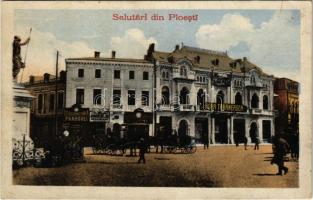 1918 Ploiesti, Ploesti, Ploesci; Hora Taraneasca, Ceasornicaria Prahovei / square, shops (tear)