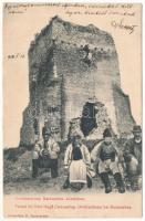 1914 Sebesrom, Sebestorony, Rujen, Turnu Ruieni (Karánsebes); Ovidius torony falubeliekkel. Rosenfeld H. kiadása / Turnul lui Ovid langa Caransebes/ castle ruins, folklore