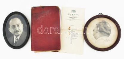 Géhl Zoltán (1888-1954) festőművész emlékkönyve, képekkel, jegyekkel, menükártyákkal sok megfejteni való bírással, külföldi imsereősöktől is, hozzá egy fotója, valamint egy hátulról készített önarcképe.