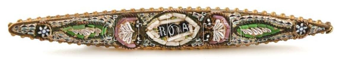 Muránói mikromozaikos hosszúkás bross, Roma felirattal, h: 6,5 cm