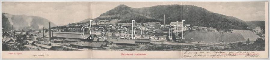 1901 Anina, Stájerlakanina, Stájerlak, Steierdorf; vasgyár teljes látképe. Három részes kihajtható panorámalap, Hubert Zsigmond kiadása, Honisch felvétele / iron works, factory. 3-tiled folding panoramacard
