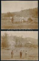 1912 Csík megye, Csipkés-hegy (Erdély), oláhok havasi szénát szednek és erdőirtás, 2 db fotó, hátoldalon felirattal, 8×10,5 cm