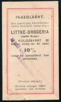 1914 10%-os kedvezményre jogosító igazolvány, a kolozsvári (Erdély) Littke drogéria kartonján