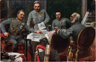 Haditanácskozás Boroszlóban. Vilmos császár, a trónörökös, Frigyes főherceg és Hötzendorfi Conrad / Kriegsrat in Breslau. Kaiser Wilhelm, Erzherzog-Thronfolger, Erzherzog Friedrich und Conrad von Hötzendorf / War Council in Wroclaw. Rotophot Nr. 686. s: Geiger