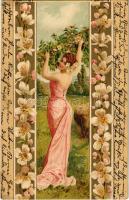 1901 Art Nouveau lady. Floral, litho (EK)