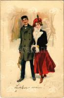 1899 (Vorläufer) "Ja oder Nein!" Lady art postcard, romantic couple in winter. litho (EB)