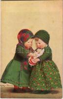 Children art postcard, dolls