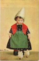 Children art postcard, doll