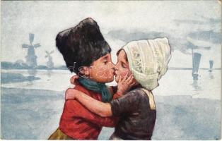 Children art postcard, kissing. B.K.W.I. 725/1. s: K. Feiertag (EK)
