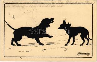 1913 Dogs. Silhouette art postcard. Meissner & Buch Künstler-Postkarten Serie 1915. "Begegnung" (EK)