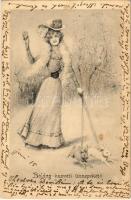 1902 Boldog húsvéti ünnepeket! / Easter greeting art postcard, lady with rabbits on leash (kis szakadás / small tear)