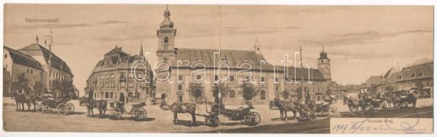 1907 Nagyszeben, Hermannstadt, Sibiu; Grosser Ring / Fő tér, lovas hintók. G.A. Seraphin - 2-részes kinyitható panorámalap / square, horse chariots - 2-tiled folding panoramacard (EK)