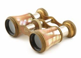 Francia színházi távcső, fém, gyöngyház berakással, jelzett: Iris Paris, kis kopással, szövet tokban, 9,5x6 cm