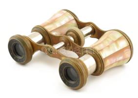 Francia színházi távcső, fém, gyöngyház berakással, jelzett: Iris Paris, kis kopással, szövet tokban...