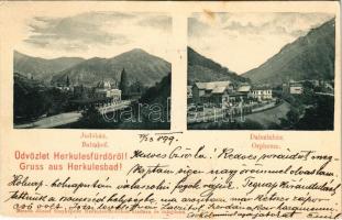 1899 (Vorläufer) Herkulesfürdő, Baile Herculane; indóház, vasútállomás, Dalszínház. Hirsch József kiadása / railway station, Orpheum (EK)