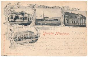 1900 Nagylak, Nadlac; Városháza, Városi óvoda, Fő tér, állami elemi iskola, üzletek. Leopold Jakab és fia kiadása, Bloch H. nyomdája / town hall, kindergarten, main square, school, shops. Art Nouveau, floral (fa)