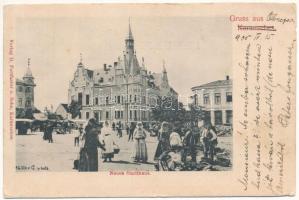 1905 Karánsebes, Caransebes; Új városház, piac. H. Perlfaster kiadása / Neues Stadthaus. Müller G. photo. / new town hall, market (EK)