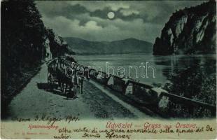 1901 Orsova, Kasanausgang / Kazán szoros este, cigányok. G. Hutterer / gypsy family on horse cart at night (EK)