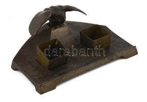 Baglyos fém tintatartó üvegbetét nélkül, kopásnyomokkal, 26×16 cm