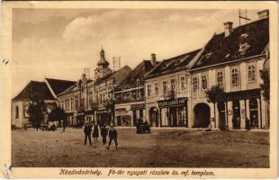 1916 Kézdivásárhely, Targu Secuiesc; Fő tér nyugati részlete, református templom, Fejér Lukács fiai, Kovács Kelemen és Szőcs Lajos M. üzlete / main square, Calvinist church, shops (EK)