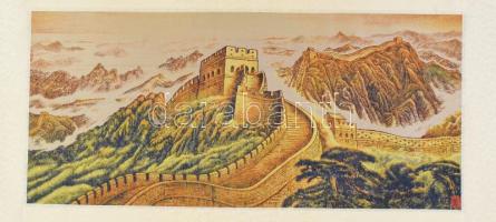 Kínai selyemkép, nyomat, XX. sz.vége/XXI. sz. eleje, jelzett, eredeti díszdobozában, 32×118 cm