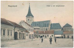 1908 Nagyenyed, Aiud; Fő tér, református templom, mészáros és hentes üzlet. Winkler János kiadása / main square, Calvinist church, butcher shop