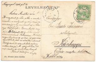 1908 Nagyenyed, Aiud; Fő tér, református templom, mészáros és hentes üzlet. Winkler János kiadása / ...