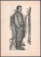 Dési Huber István (1895-1944): Overallos munkás és Óbudai téglagyár, 1949. 2 db ofszetnyomat, papír, jelzés nélkül, lapszéli apró foltokkal. 29x14 és 24,5x19 cm