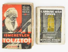 2 db könyv: Heymann, Robert: Carkszoje Szelo foglya. Ford.: Kozma Nándor. Bp., 1918, Kultura, (4)+144+(4) p. A borító Szántó Lajos munkája. Kiadói illusztrált papírkötés, viseltes, sérült borítóval, több a fűzéstől elváló lappal. + Ismeretlen Tolsztoj. A Tolsztoj család hivatalos kiadása. Németül sajtó alá rendezte: René Fülöp-Miller. Ford.: Benedek Marcell és Havas József. Bp., é.n. [1928?], Révai, 321 p. Kiadói illusztrált papírkötés, viseltes, kopottas borítóval, sérült gerinccel, helyenként sérült lapszélekkel, a fűzéstől elváló, kijáró lapokkal.