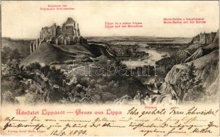 1899 (Vorläufer) Lippa, Lipova; Solymosi vár, Máriaradna. Joseph Zach kiadása / Cetatea Soimos / castle ruins, Radna (EK)