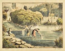 Gannay János (1905-1992): Mosónők. Színezett rézkarc, papír, jelzett, kissé foltos, hullámos, 27×36 cm