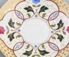 2 db Epiag gazdagon díszített teás csésze aljjal. Kézzel festett, jelzett, kis kopással d: 7,5 cm, m...