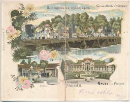 Pöstyén, Piestany, Pistyan; Búcsújárás az egészségért. A zarándokok, fürdők. 2-részes kihajtható panorámalap. Gipsz N. kiadása / Gesundheits - Wallfahrt, Die Pilger, Bäder / Health Pilgrimage, the pilgrims, spa, bath 2-tiled folding panoramacard. Art Nouveau, floral, litho (b)