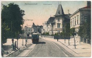 1909 Nagyszeben, Hermannstadt, Sibiu; Schewisgasse / utca és villamos / street and tram (ázott / wet damage)