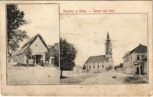 Dálya, Dalja, Dalj; utca, üzlet, templom. Vasúti levelezőlapárúsítás / street view, shop, church (fl)