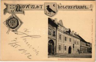 1902 Kolozsvár, Cluj; Mátyás király születésháza. Kováts P. fiai kiadása, címeres lap / birth house of Matthias Corvinus. Art Nouveau coat of arms (EK)