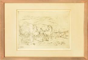 Borsos Miklós (1906-1990): Futtatás. Rézkarc, papír, jelzett, üvegezett fakeretben, 29×39 cm