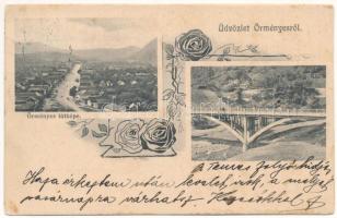 1909 Örményes, Armenis; Fő utca, Temes folyó hídja. Dajkovits J. utóda kiadása / main street, Timis river bridge. Art Nouveau, floral (EK)