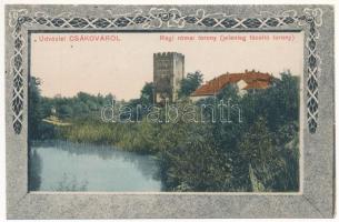 1911 Csák, Csákova, Ciacova; Régi római torony (jelenleg tűzoltó torony). Mesterovits &amp; Jovanovits kiadása / old castle tower (used as a firefighter tower). Art Nouveau (Rb)