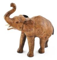 Bőrrel bevont elefánt figura, agyarán kis sérülés, 28×31 cm