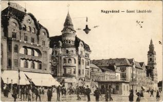 1940 Nagyvárad, Oradea; Szent László tér, Vigadó Mozgó mozi, Fekete Sas Nagyszálloda, biztosító / square, cinema, hotel, insurance company (Rb)