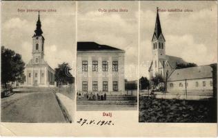 1912 Dálya, Dalja, Dalj; Srps pravoslavna crkva. Opca pucka skola. Rimo katolicka crkva / Ortodox templom, Általános iskola, római katolikus templom. Jos. Krausz kiadása / Serbian Orthodox Church, elementary school, Roman Catholic Church (EK)