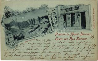 Daruvár, Daruwar; Bad / a fürdő látképe. Ladislav Rochlitz üzlete és saját kiadása / spa, bath, shop. Art Nouveau, floral (Rb)