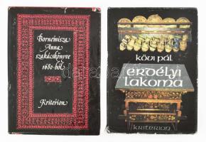 2 db szakácskönyv: Kövi Pál: Erdélyi lakoma. Vass Tamás rajzaival. Bukarest, 1980, Kriterion. Kiadói egészvászon-kötés, kissé sérült kiadói papír védőborítóban. + Bornemisza Anna szakácskönyve 1680-ból. Közzéteszi: Dr. Lakó Elemér. Bukarest, 1983, Kriterion. Kiadói egészvászon-kötés, sérült kiadói papír védőborítóban.