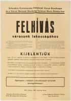 1968 Érsekújvár (Nové Zámky), az önkényes megszállás elleni, a lakossághoz intézett felhívás plakátja, hajtott, 61×43 cm